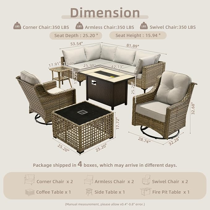 CAODOC 9-Piece Outdoor Sectional Sofa Set w/ 42" Fire Pit – L-Shaped Wicker Patio Furniture, Deep Seating & Swivel Rockers,Gray