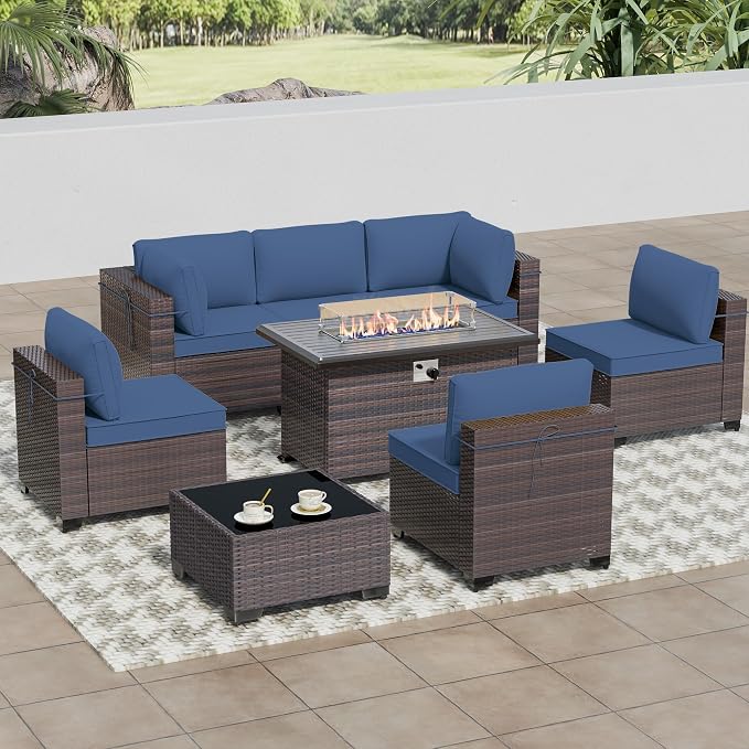 8 Pieces Outdoor Patio Furniture Sets w/55000 BTU Propane Fire Pit Table,Wicker Conversation Sofa,Includes 6 All-Weather High Back PE Rattan Seating Components w/Coffee Table&Gas Fire Pit,Navy