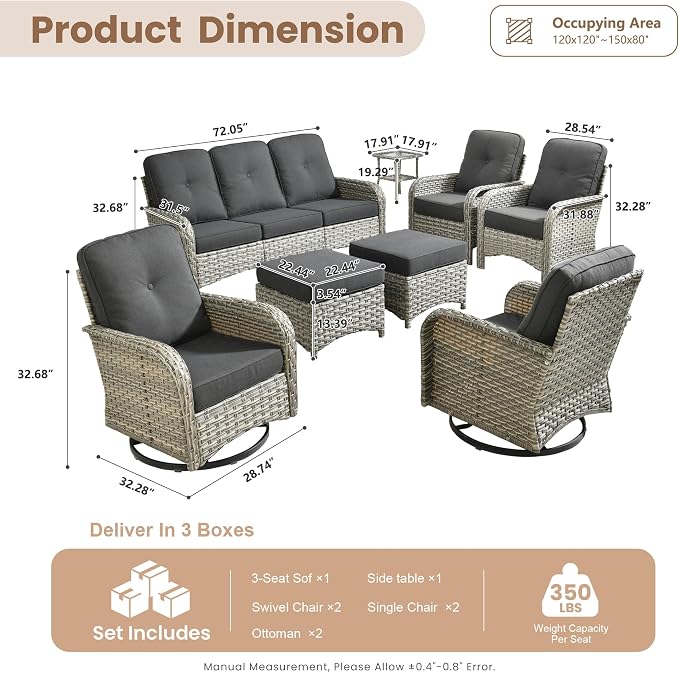 HOOOWOOO Outdoor Patio Furniture Set with Swivel Chairs,8 Pieces Wicker Conversation Set,All Weather High Back Couch Sofa Rocker Chairs Ottomans Set,Black