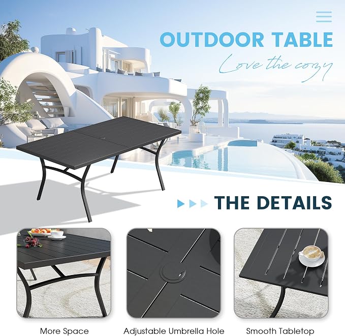 9 Pieces Outdoor Patio Dining Set, 70.9" All Weather Rectangle Metal Table with Umbrella Hole and 8 High Back Textilene Swivel Chairs for Garden, Lawn, Poolside, Black