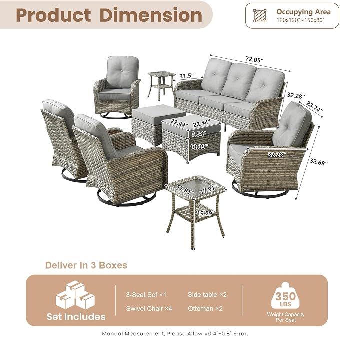 HOOOWOOO Outdoor Patio Furniture Set with Swivel Chairs,9 Pieces Wicker Conversation Set,All Weather High Back Couch Sofa Rocker Chairs Ottomans Set,Charcoal Gray
