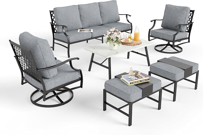 MIXPATIO Patio Furniture Set 6 pcs, Outdoor Patio Furniture, 3-Seat Sofa, 2 Swivel Chairs, 2 Ottomans, Coffee Table and 5.75" Extra Thick Cushion, Patio Conversation Set for Garden Backyard Deck,Grey