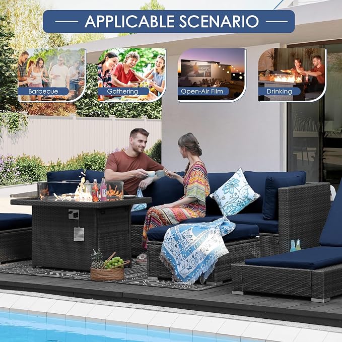 NICESOUL 20 Piece Extra Large Patio Furniture Set w/Fire Pit Table & Chaise Lounge, Modern Luxury Outdoor Group Seating w/Firepit, Comfortable 29.3" High-Back Sectional Couch Deep Seat, Gray & Blue