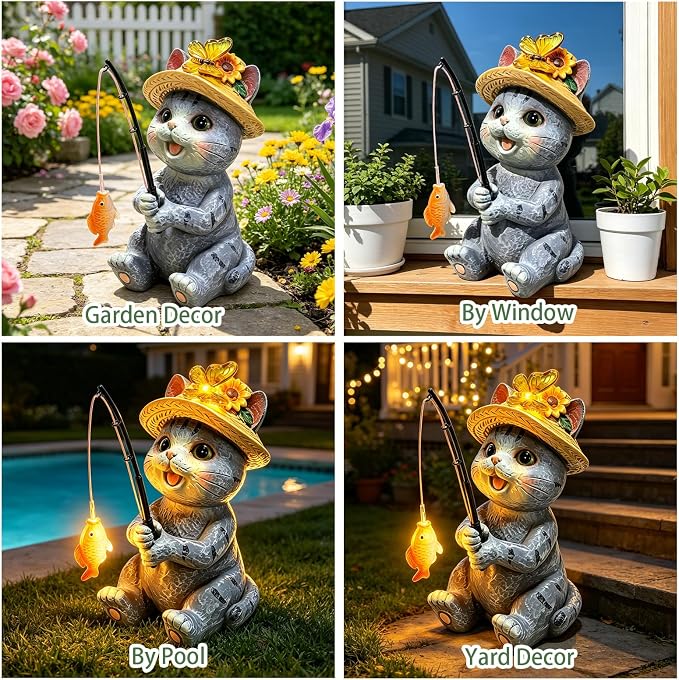 Solar Garden Cat Statues, Outdoor Fishing Cat with Butterfly Solar Lights | Birthday Gifts for Cat Lovers Mom Women, Waterproof Garden Figurines for Yard Decor, Patio Porch Lawn Ornaments