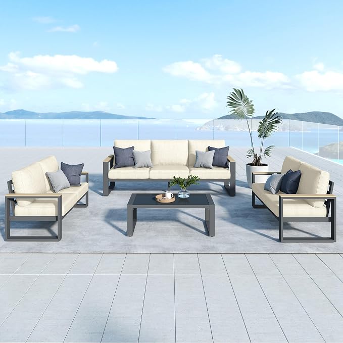 RoyalCraft Aluminum Patio Furniture Set, 7-Seats Metal Outdoor Furniture Set with Coffee Table, Modern Patio Sofa Sets Outdoor Conversation Set for Garden Pool Porch Backyard, Beige