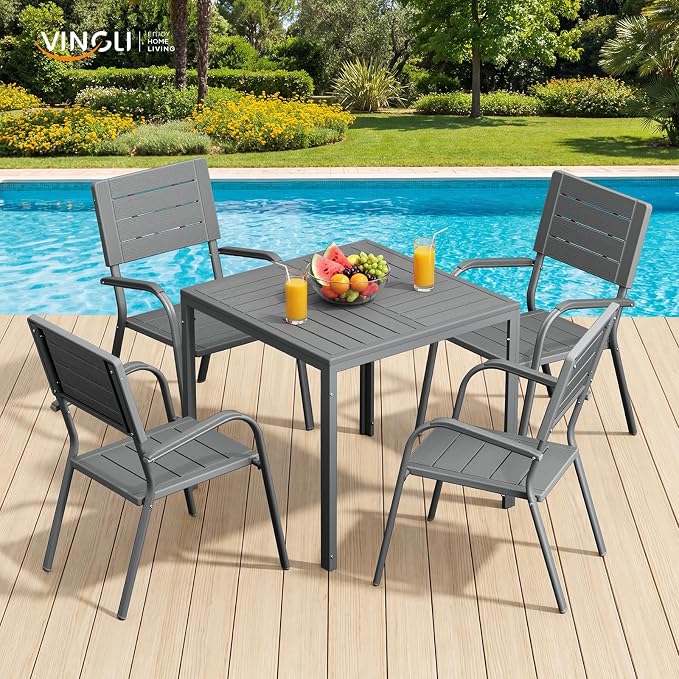 VINGLI Outdoor Patio Dining Chairs, Stackable HDPE All-Weather Arm Chairs, Weatherproof Outdoor Seating for Garden, Backyard, Poolside, Balcony,Grey (4 Pack)