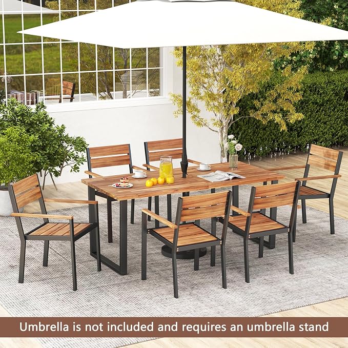 RELAX4LIFE 7-Piece Outdoor Dining Set - 63’’ Rectangular Acacia Wood Table w/6 Stackable Chairs & Metal Frame, Patio Furniture Set with Umbrella Hole for Garden Porch, Patio Table and Chairs Set for 6