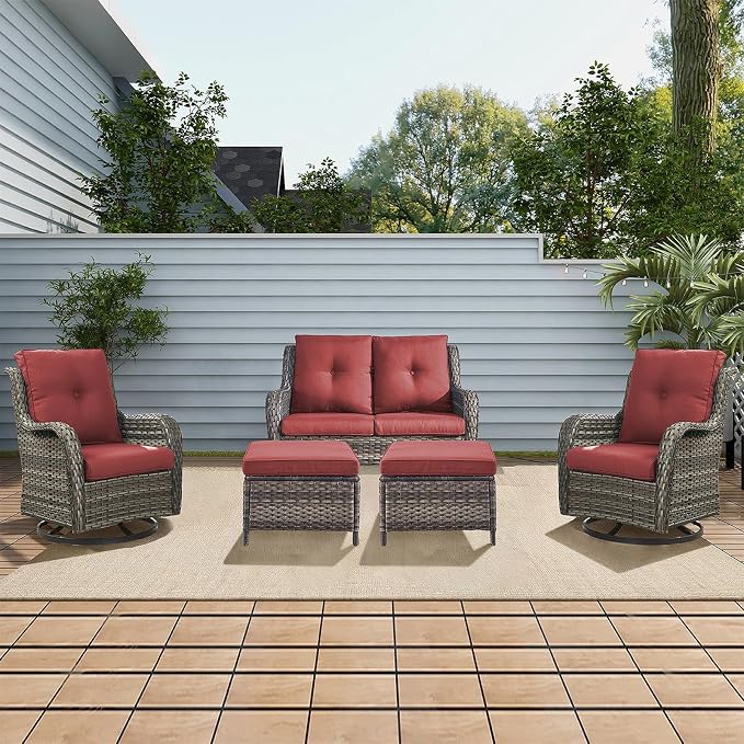 Rilyson Wicker Patio Furniture Set - 5 Piece Rattan Outdoor Sectional Conversation Sets with 2 Rocking Swivel Chairs,2 Ottomans and 1 Loveseat for Porch Deck Garden(Mixed Grey/Red)