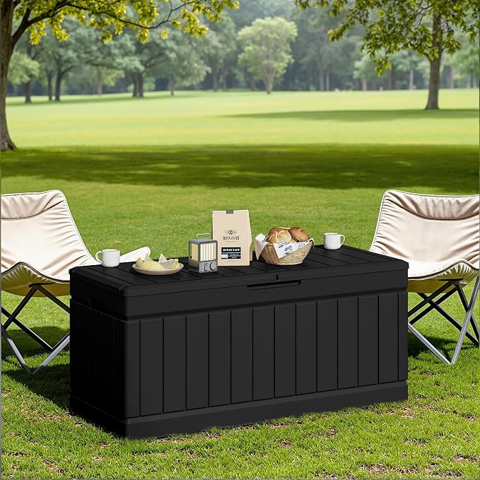 JUMMICO 78 Gallon Outdoor Deck Box Large Resin Storage Box for Patio Furniture Cushions and Garden Tools (Black)