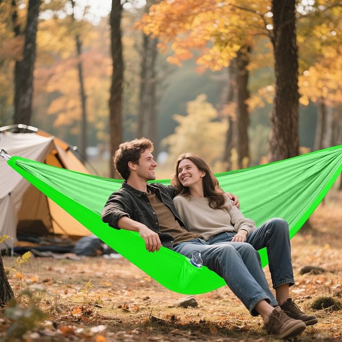 Neon Green Solid Color Camping Hammock, Portable Lightweight Single Hammock with Tree Straps and Aluminum Carabiners, 114" x 54" Travel Hammock for Hiking Backpacking Beach