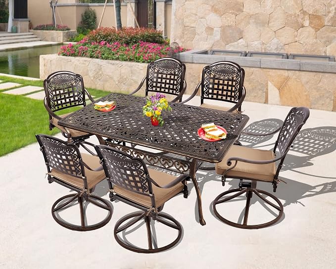 Grepatio 7 Piece Patio Dining Set Outdoor Dining Set Cast Aluminum Furniture Set with 6 Swivel Dining Chairs and Dining Table for Backyard Garden Deck Poolside (Grid Khaki)