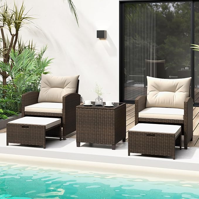 COSTWAY 5-Piece Rattan Conversation Set, Outdoor Wicker Sofa, Tempered Glass Coffee Table & Ottomans for Small Space, Boho Chic Indoor/Outdoor Furniture Set for Poolside, Backyard, Deck (White)