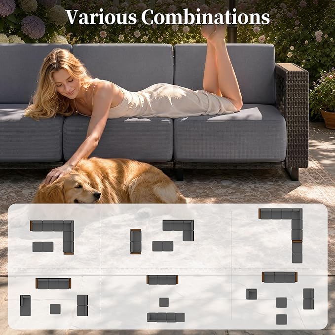 LazySunsets Patio Furniture Set, 6 Pieces Wicker Outdoor Sectional Sofa with 10'' Ultra-Thick Cushions & Ottomans, All-Weather Rattan Conversation Set for Backyard Poolside, Brown/Dark Gray