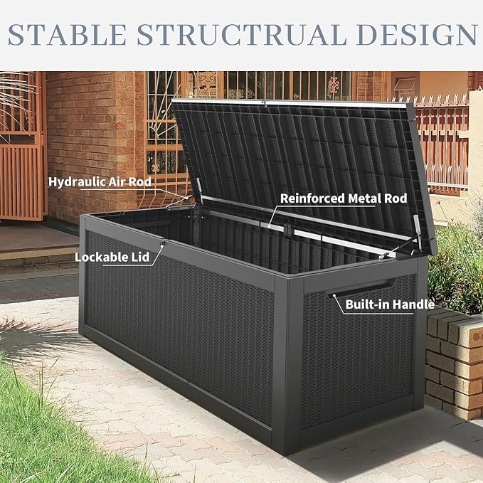NUNU LAB Outdoor Storage Box, 320 Gallon Deck Box, Resin Waterproof Outside Storage Bench, Outdoor Storage Cabinet With Lockable Lid, Backyard Deck Box For Garden Tools, Patio Cushions, Black