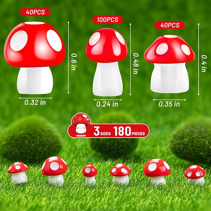180pcs Miniature Mushrooms, 3 Size, Red | Tiny, Cute, Fairy Garden, Mini Resin Figurines, Cake Topper Statue Decoration for Bonsai Micro Landscape Garden Craft