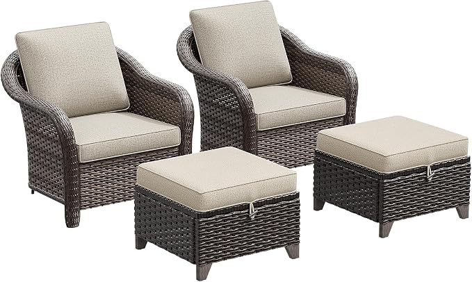 4 Pieces Patio Outdoor Conversation Furniture Set with Cushions, All-Weather Wicker Ottomans, PE Rattan 2 Chairs for Backyard, Deck, Lawn (Beige)