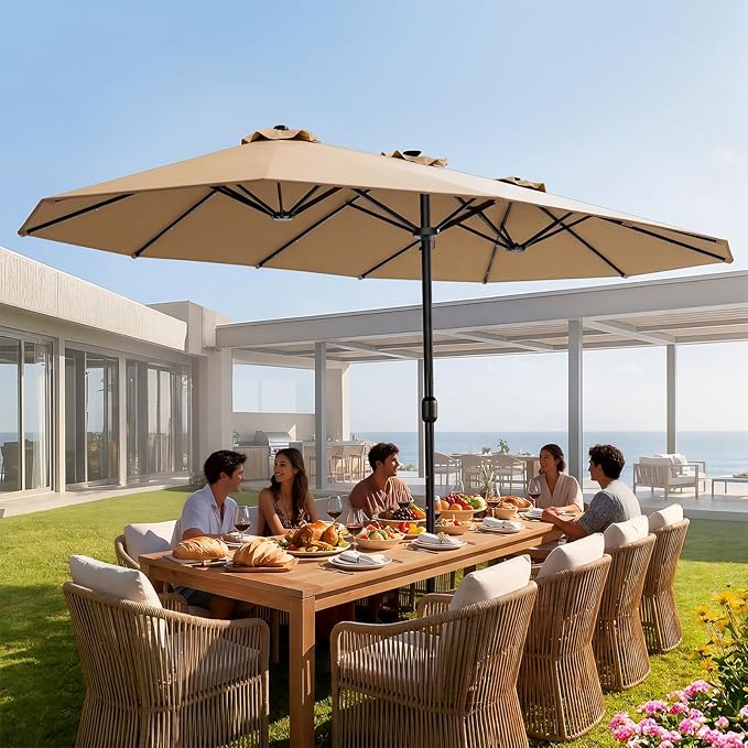 HOMSHADE Double Sided Patio Umbrellas - 15ft Solar Lights LED Lighted Outdoor Extra Large Market Table Umbrella with Base Included, Oversized Umbrella for Deck, Pool, Backyard (Beige)