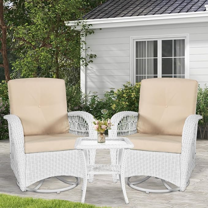 VIVIJASON 3-Piece Patio Conversation Bistro Set, Outdoor Swivel Glider Rocking Chairs Rattan Furniture Set w/ 2 Rattan Chairs, Glass Top Side Table for Porch Backyard, White - Beige
