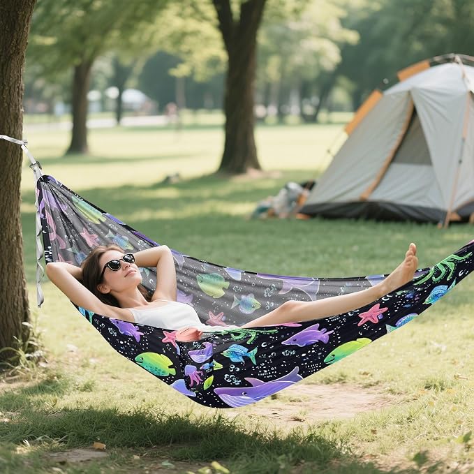 Camping Hammock Outdoor Hammocks for Outside Cute Marine Animal Beach Trees Portable Lightweight with Pockets Tree Straps Indoor