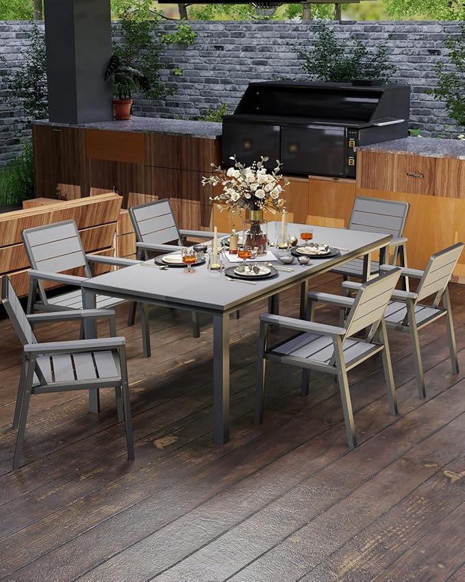 Outdoor Dining Set for 6 with 11FT Umbrella, Aluminum & HDPE Outdoor Table and Chairs, Weather-Resistant All-Season Backyard, Deck & Patio Dining Furniture with 2" Umbrella Hole (Grey)