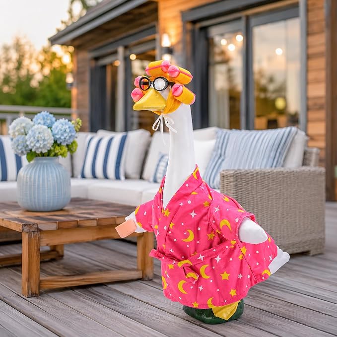 DECOHS 4 Pcs Bathrobe Porch Goose Outfit, Lawn Goose Statue Costume with Star and Moon Print, Yard Goose Bathrobe Curlers Glasses Cup Outfit for 23" Statue Patio Garden Decoration (Pink)