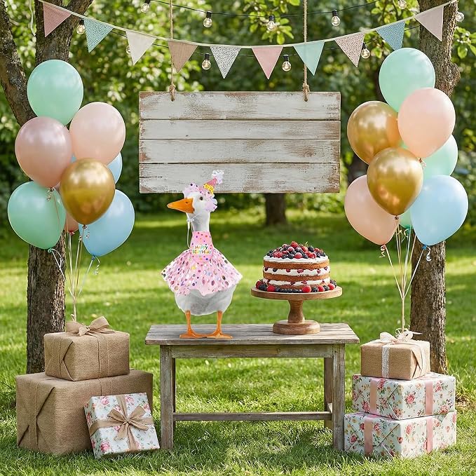 Porch Goose Outfits, Birthday Goose Outfits with Glitter Tutu Skirt, Birthday Hat and Bandana Valentine Porch Gooses Outfit for 23" 17" Outdoor Statue Patio Yard Lawn Art(Pink)