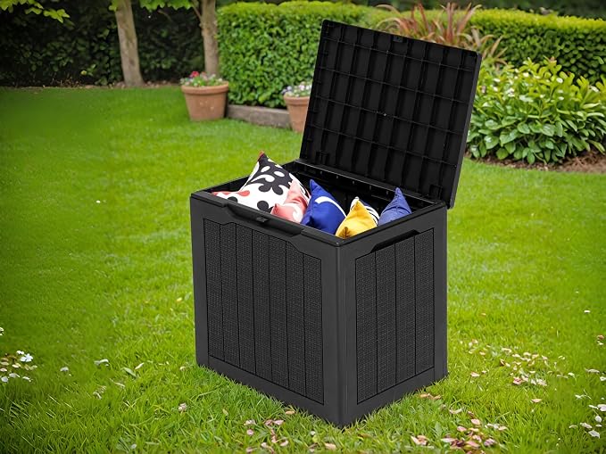30 Gallon Resin Deck Box Outdoor Storage Box with Lockable Lid, Waterproof Patio Storage Bench for Cushions, Garden Tools, Rattan Design, UV Resistant, Easy Assembly