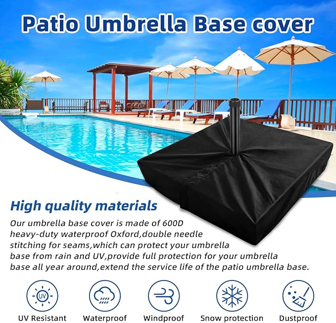 Patio Umbrella Base Cover for Outdoor Umbrellas Base,Heavy Duty 600D Waterproof Anti-UV,30"L x 30"W x 5"H,Outside Square Umbrella Stand Base Covers (Black)