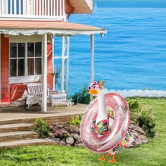 Bikini Porch Goose Outfits with Sunglasses and Swimming Tube for 23" Summer Goose Costume Garden Patio Statue Decor(Flower)