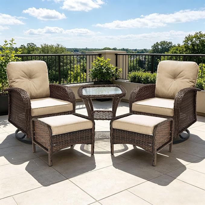 Outdoor Swivel Rocker Patio Chairs (Brown Wicker/Khaki Cushion, 5PC/Swivel & Side Table & Ottomans)