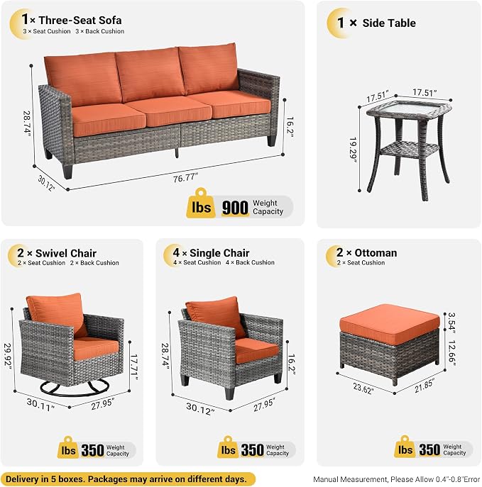 ovios 10 Pieces Patio Furniture Set, Outdoor Wicker Sofa with Rocking Swivel Chairs, Glider Chairs Rattan Couch with Comfy Cushions All Weather Conversation Set, Orange Red
