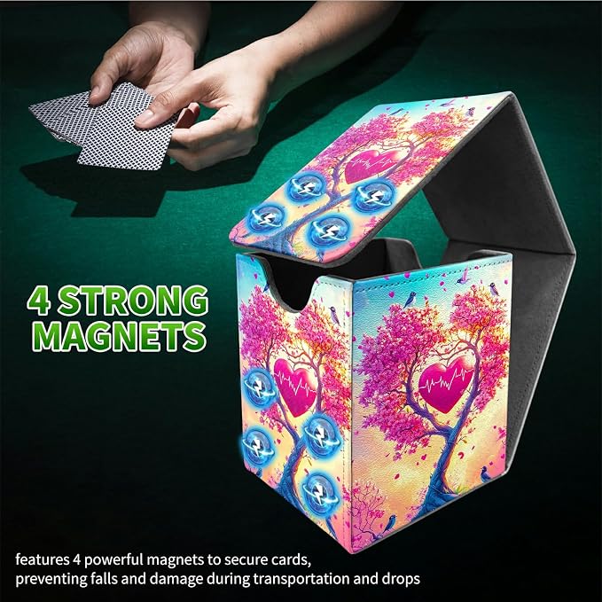 Deck Box for MTG, Cards Storage Box Fits 120+ Sleeved, Leather Medium Size Strong Magnetic Closing Card Case for Board Games Magic TCG CCG Baseball Collection, Pink Tree