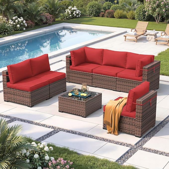 Amopatio Patio Furniture Set Modular Outdoor Sectional 7 Piece Wicker Patio Set, Multiple Combinations Outdoor Sofa w/Coffee Table, Waterproof Cover Included, Burgundy