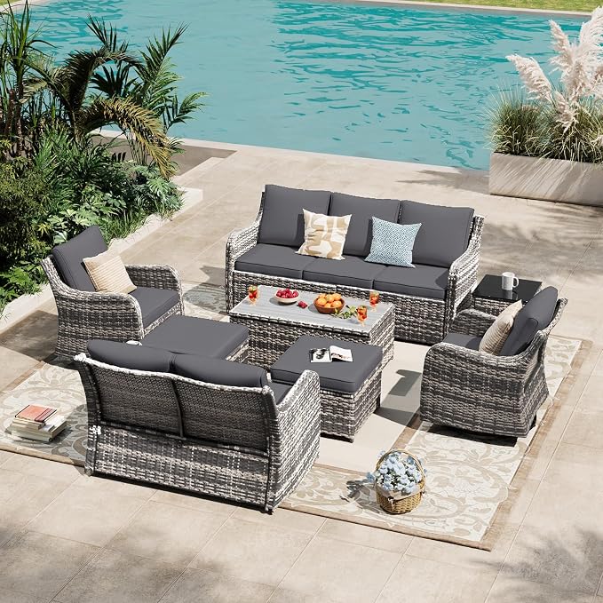 MEISSALIVVE Patio Furniture Set with Swivel Rocking Chairs, 8 Pieces Patio Conversation Set, Outdoor Wicker Sofa Couch with Waterproof Cushions for Lawn Backyard Porch (Grey)