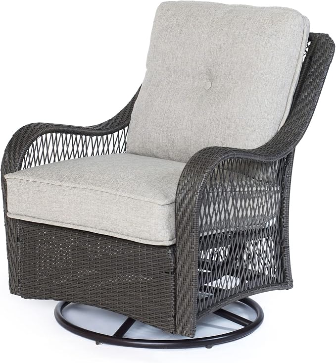 Hanover Orleans 3-Piece Patio Conversation Set with 2 Gray Weather Resistant Wicker Swivel Rockers, Navy Blue Water Resistant Cushions, and Glass Top Square Table, Outdoor Bistro Set 3-Piece