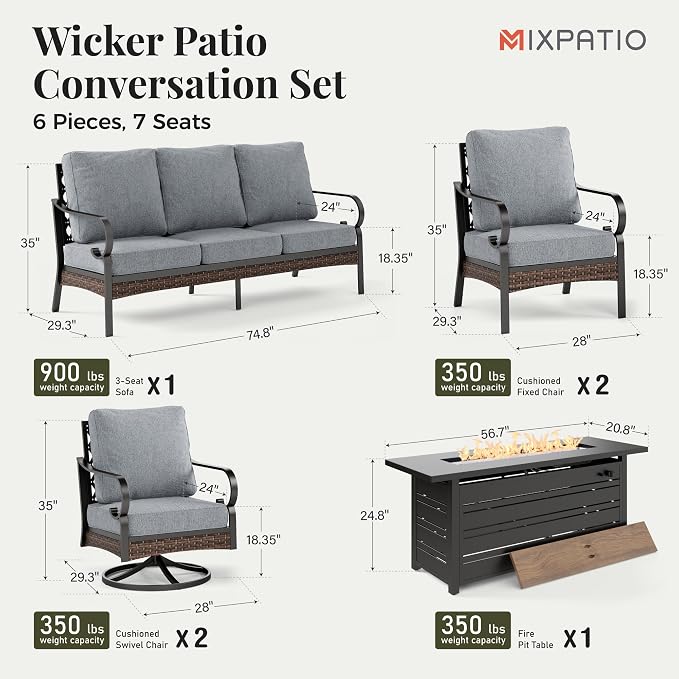MIXPATIO Patio Furniture Set with Fire Pit Table, Metal Outdoor Conversation Set with 5.75'' Extra Thick Cushion, 2 Swivel Chairs, 2 Leg Chairs, 3-Seat Sofa and Gas Fire Pit Table, Grey