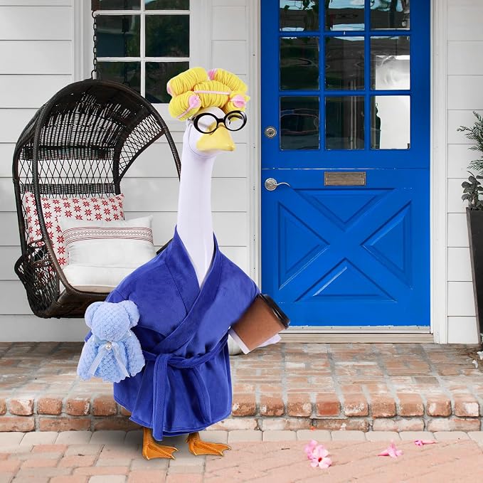 Lady Porch Goose Outfits,Bathrobe Porch Goose Statue Costume with Curlers Reading Glasses Coffee Cup Towel,Cute Goose Clothes for 23-Inch Cement or Plastic Statue,Lawn Yard Garden Patio Decor(Purple)