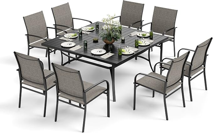 MIXPATIO 9 Pieces Patio Table and Chairs Set, Patio Dining Set for 8, 8 Brown Textilene Chairs and 57.5“ Large Square Patio Dining Table with Umbrella Hole, for Deck Backyard Lawn Poolside