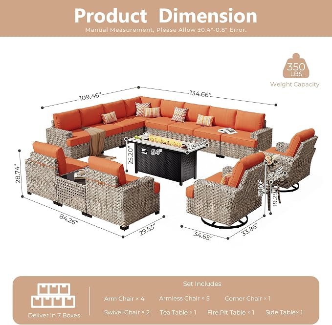 HOOOWOOO Sectional Patio Furniture Set with Fire Pit Table,15 Pieces Wicker Outdoor Furniture L Shaped Couch,Outside Conversation Set Extra Deep Seat Sofa Wide Arm Swivel Chairs Solar Light,Brick Red