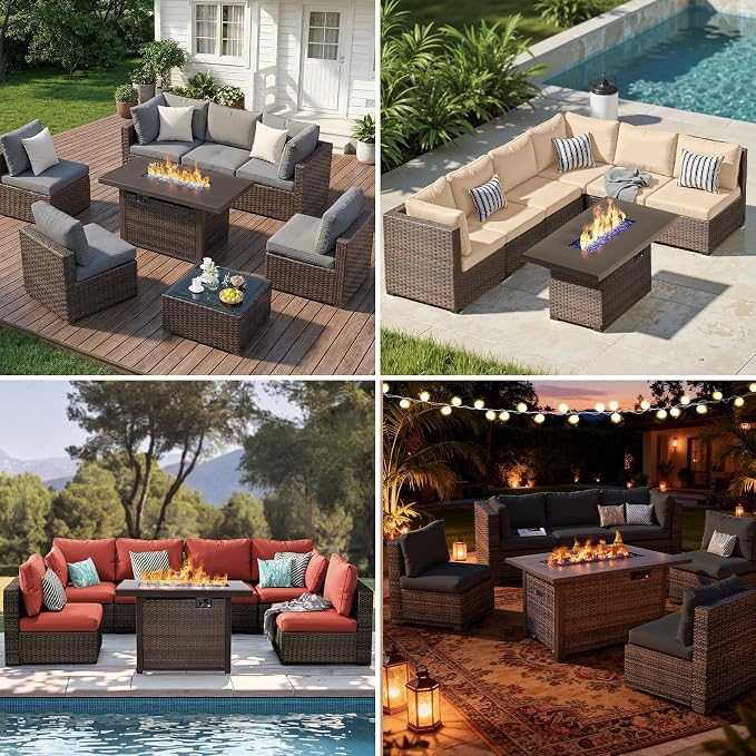 8 Pieces Outdoor Sectional Patio Furniture Set with Fire Pit Table,PE Rattan Wicker Patio Sectional Conversation Set with Cushions and Glass Coffee Table Beige