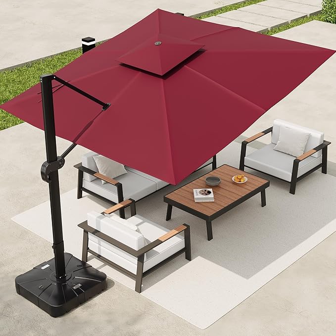 10x10 ft Square Outdoor Umbrella, Cantilever Patio Umbrella with 360° Rotation & Adjustable Height, Heavy Duty Aluminum Umbrella Outdoor Patio for Garden Poolside,Burgundy Red (Base Not Included)