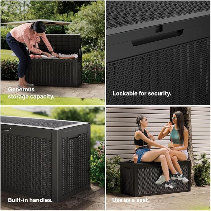 200 Gallon Outdoor Storage Box Waterproof, Lockable Resin Deck Box Large Storage Bin for Patio Furniture Cushion, Garden Tools, Pool Accessories, UV-Resistant Outside Delivery, Black