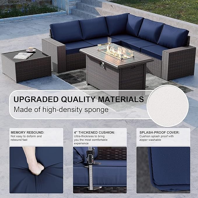 Kullavik 10PCS Outdoor Patio Furniture Set,PE Wicker Rattan Sectional Sofa Patio Conversation Sets with 43" 55000BTU Gas Propane Fire Pit Table,Swivel Rocking Chairs Set,Navy Blue