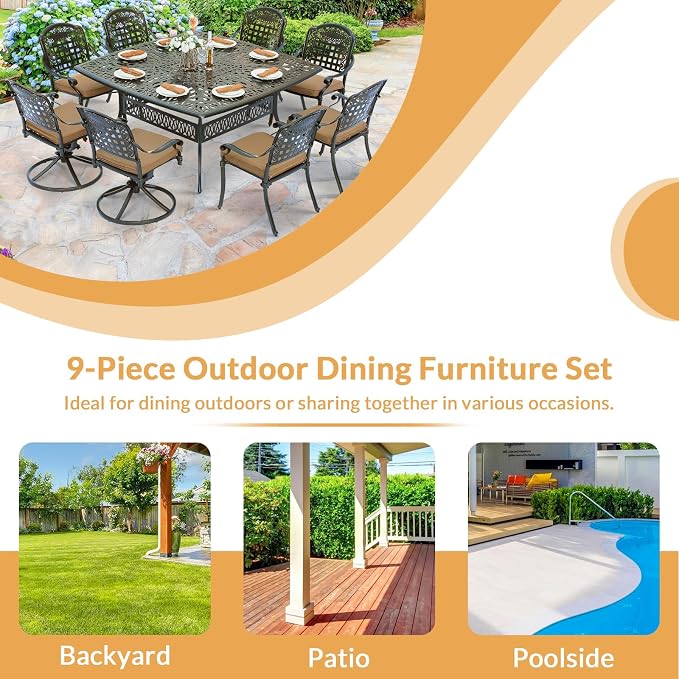 9 Piece Outdoor Patio Dining Set for 8, Cast Aluminium Large Square Dining Table & 2 Swivel Rocker Chairs, 6 Stationary, 8 Cushions, Umbrella Hole, Patio Furniture Set for Garden, Khaki