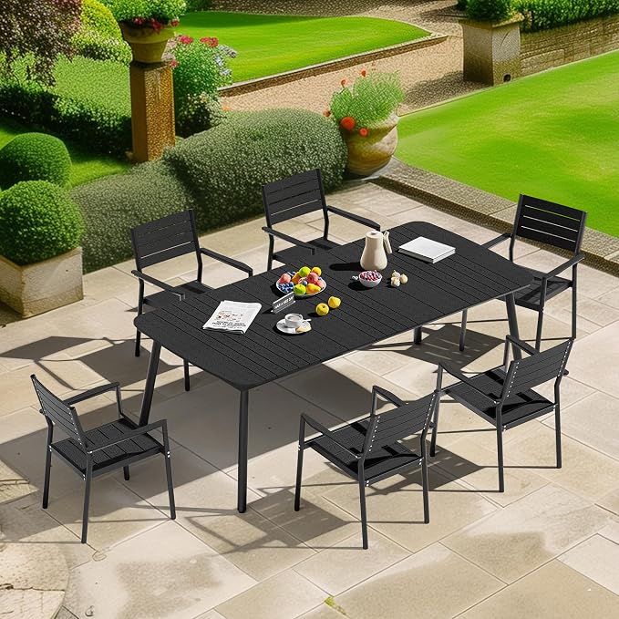 82" Outdoor Dining Table for 8 Aluminum Patio Table | Rectangle Black Table with Umbrella Hole and Wood Grain Tabletop for Lawn Backyard Garden