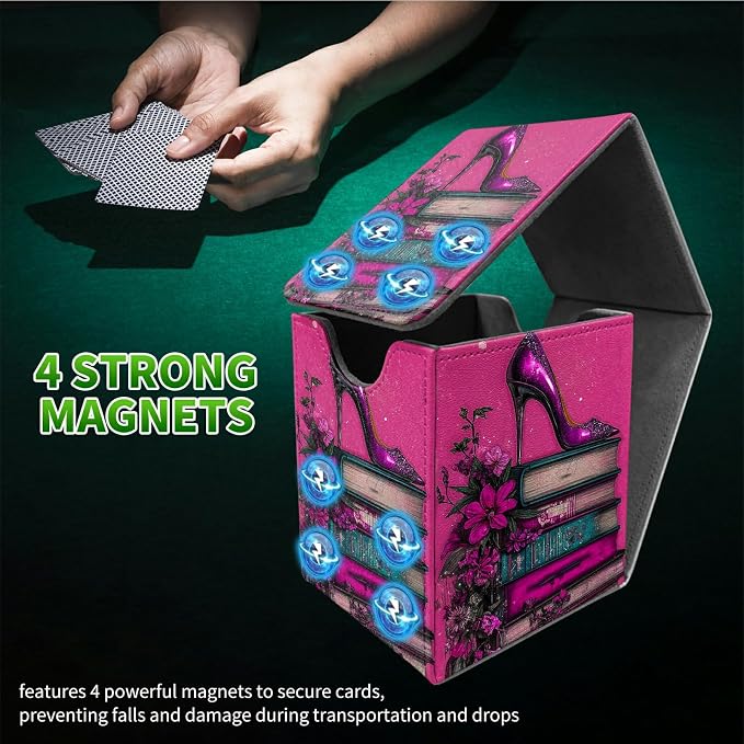 Deck Box for MTG, Cards Storage Box Fits 120+ Sleeved, Leather Medium Size Strong Magnetic Closing Card Case for Board Games Magic TCG CCG Baseball Collection, Pink High Heels
