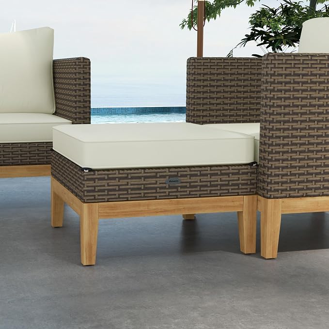 Outsunny Wooden Patio Furniture Set with Thick Padded Cushions, 5-Piece PE Rattan Sectional Sofa with Acacia Wood Top Coffee Table, Outdoor Conversation Set, Cream White