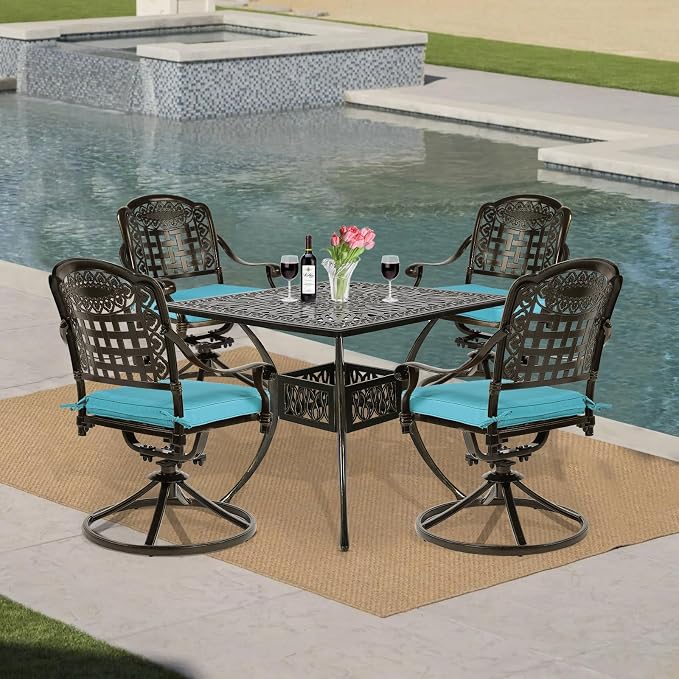 VIVIJASON 5-Piece Outdoor Patio Dining Set, All-Weather Cast Aluminum Conversation Set, Patio Furniture Set Include 4 Swivel Cushioned Chairs, 1 Square Table w/Umbrella Hole, Ocean Blue Cushion