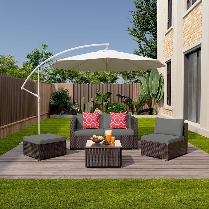 Aiho 5 Pieces Patio Furniture Set All-Weather Outdoor Wicker Sectional Patio Furniture with Cushion and Glass Table (Grey)