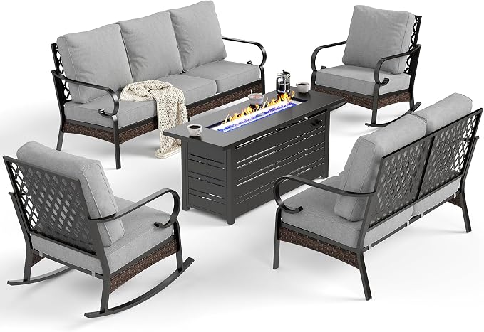 SUNSHINE VALLEY 5 Piece Black Metal Outdoor Patio Furniture Sets with Firepit Table, Patio Conversation Sets 1 3-Seater Sofa, 1 Loveseat, 2 Rocking Sofa with 5.75" Cushion for Backyard, Light Gray
